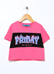 Funky Rocks Fuşya Kız Çocuk Bisiklet Yaka Düşük Omuz Crop Baskılı T-Shirt PRG-01