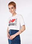 Moschino Jeans Yuvarlak Yaka Baskılı Beyaz Kadın T-Shirt 241K1J0703