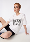 Moschino Jeans Yuvarlak Yaka Baskılı Beyaz Kadın T-Shirt 241K1J0712