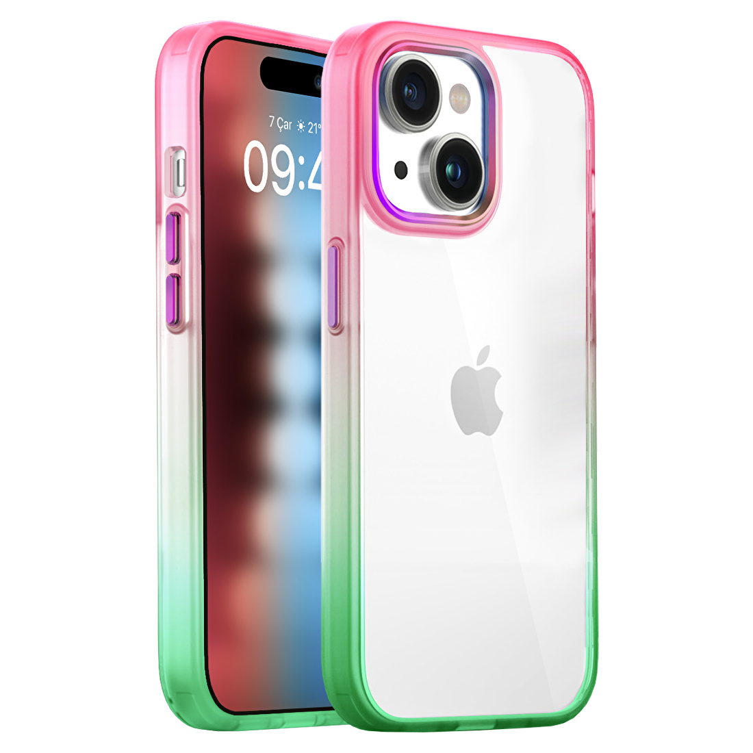 Buff iPhone 15 Air Bumper Rainbow Kılıf Pembe Yeşil