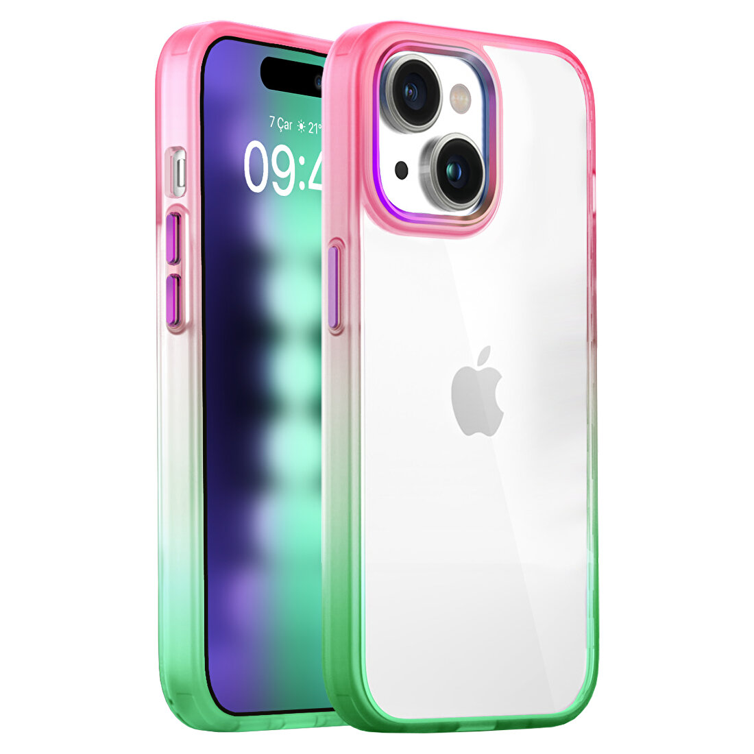 Buff iPhone 15 Plus Air Bumper Rainbow Kılıf Pembe Yeşil