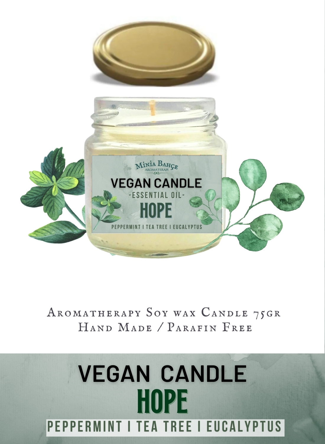 Aromaterapi Vegan Soyawax Mumu, Umut - Hope- Çam, Nane, Okaliptus Ve Çay Ağacı- , 75gr