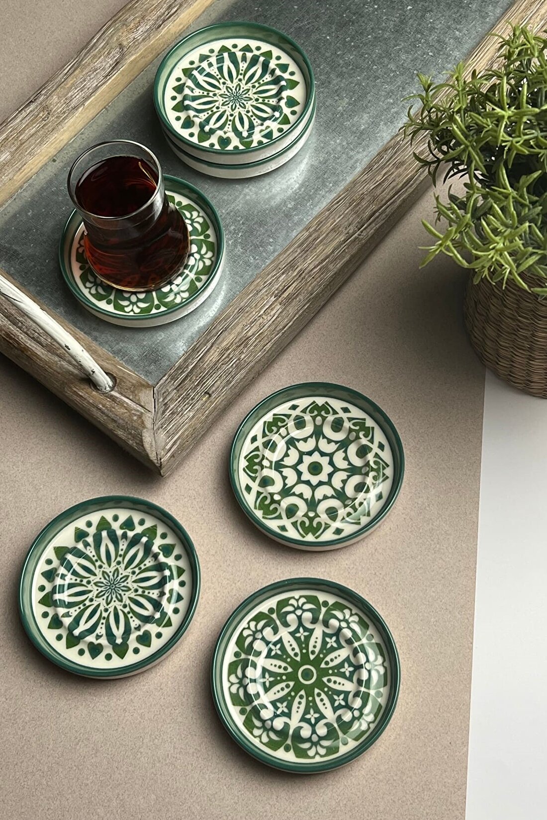 TABAK EVİ Stoneware Mozaik Green Sefa 6 lı Çay Tabağı 10cm