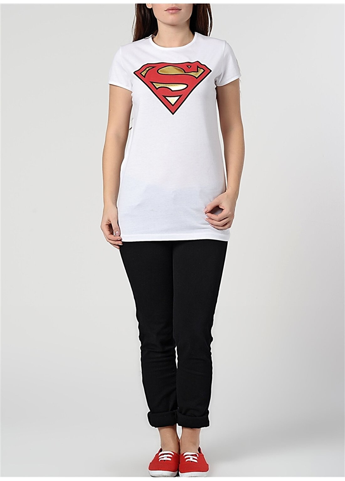 Supergirl Bisiklet Yaka Kısa Kol Baskılı Beyaz Genç Kız Tişört