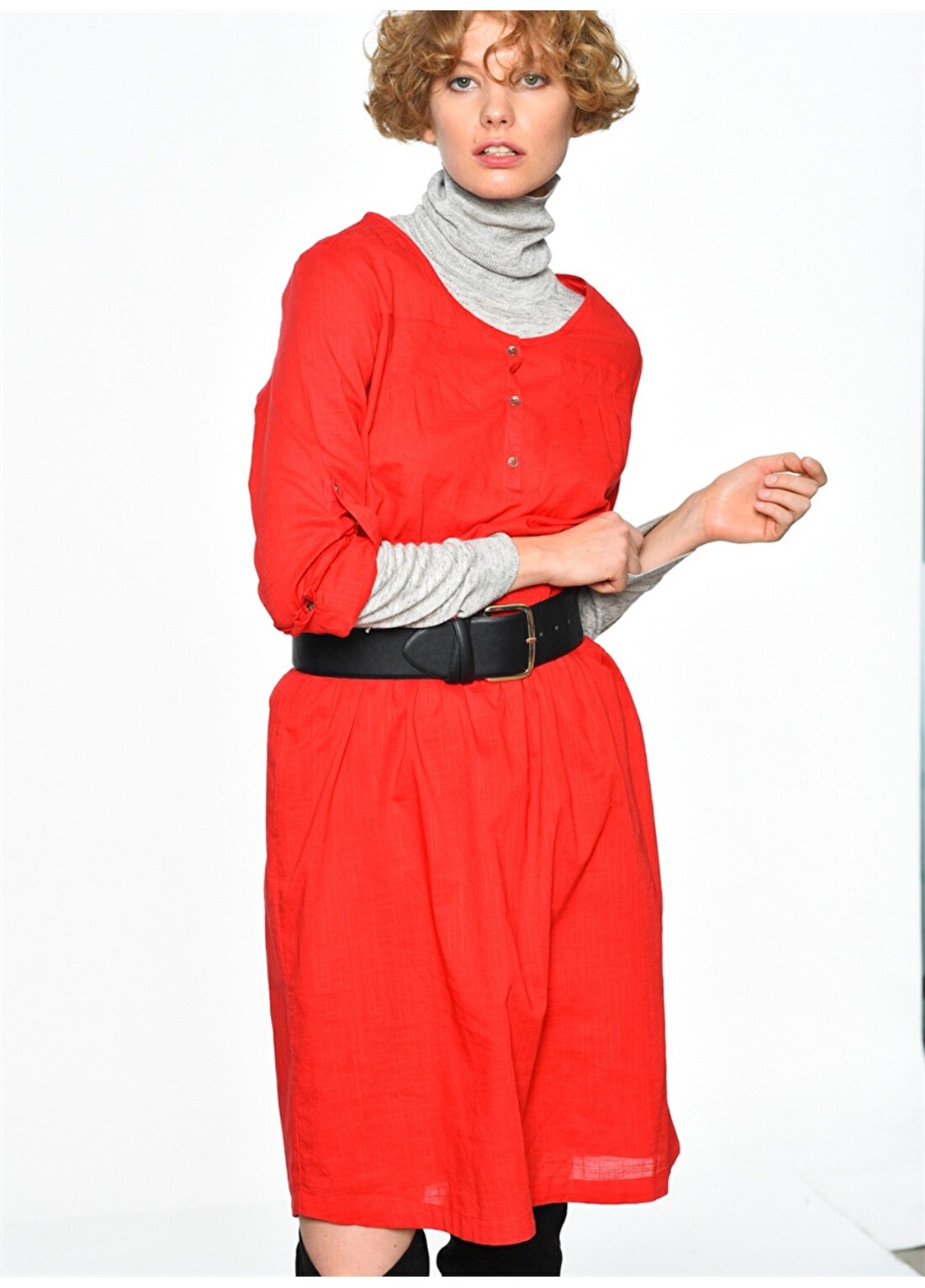 Loox Balıkçı Yaka Düğmeli Kırmızı Kadın Elbise