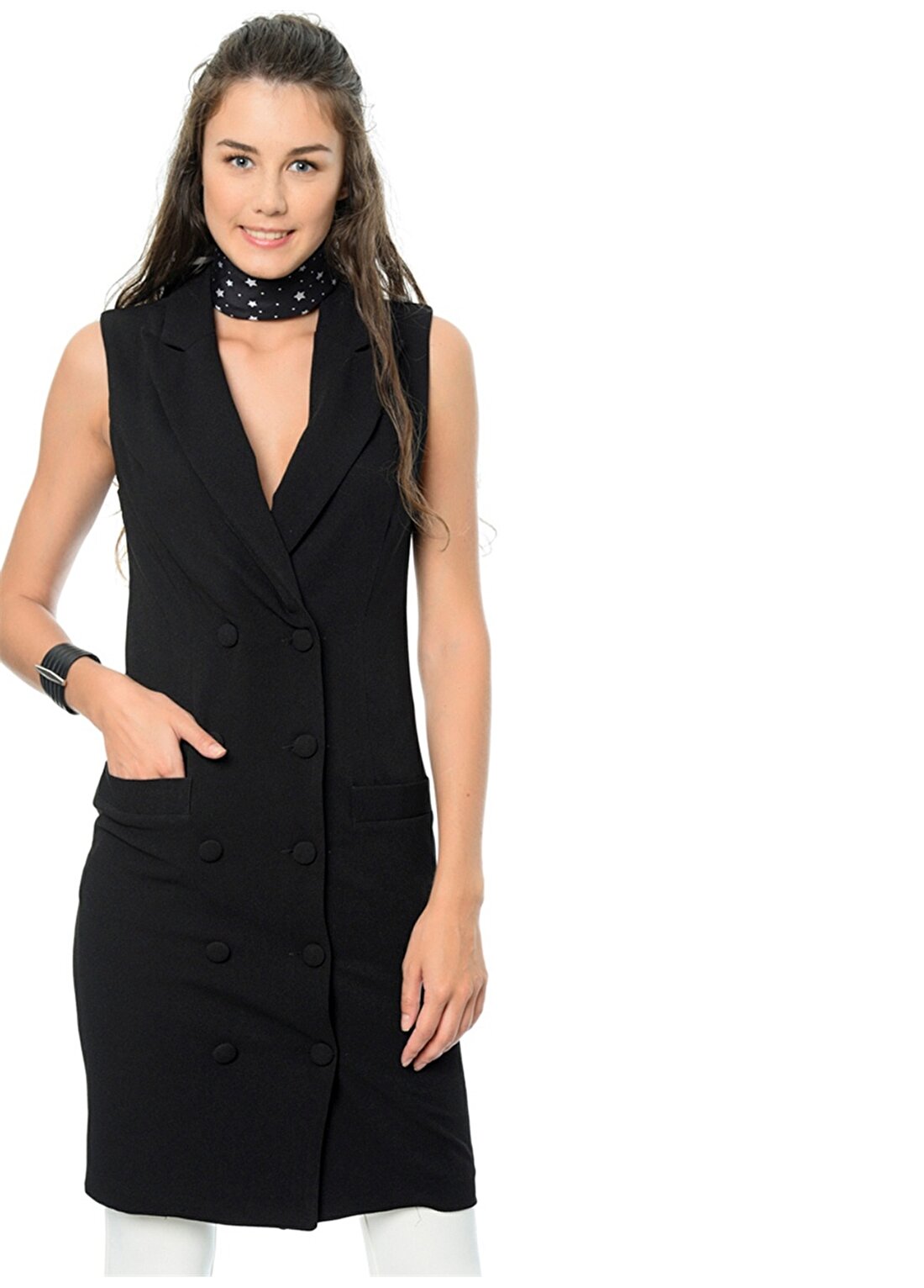 Unique 21 Kruvaze Yaka Düğmeli Sıfır Kol Siyah Kadın Elbise