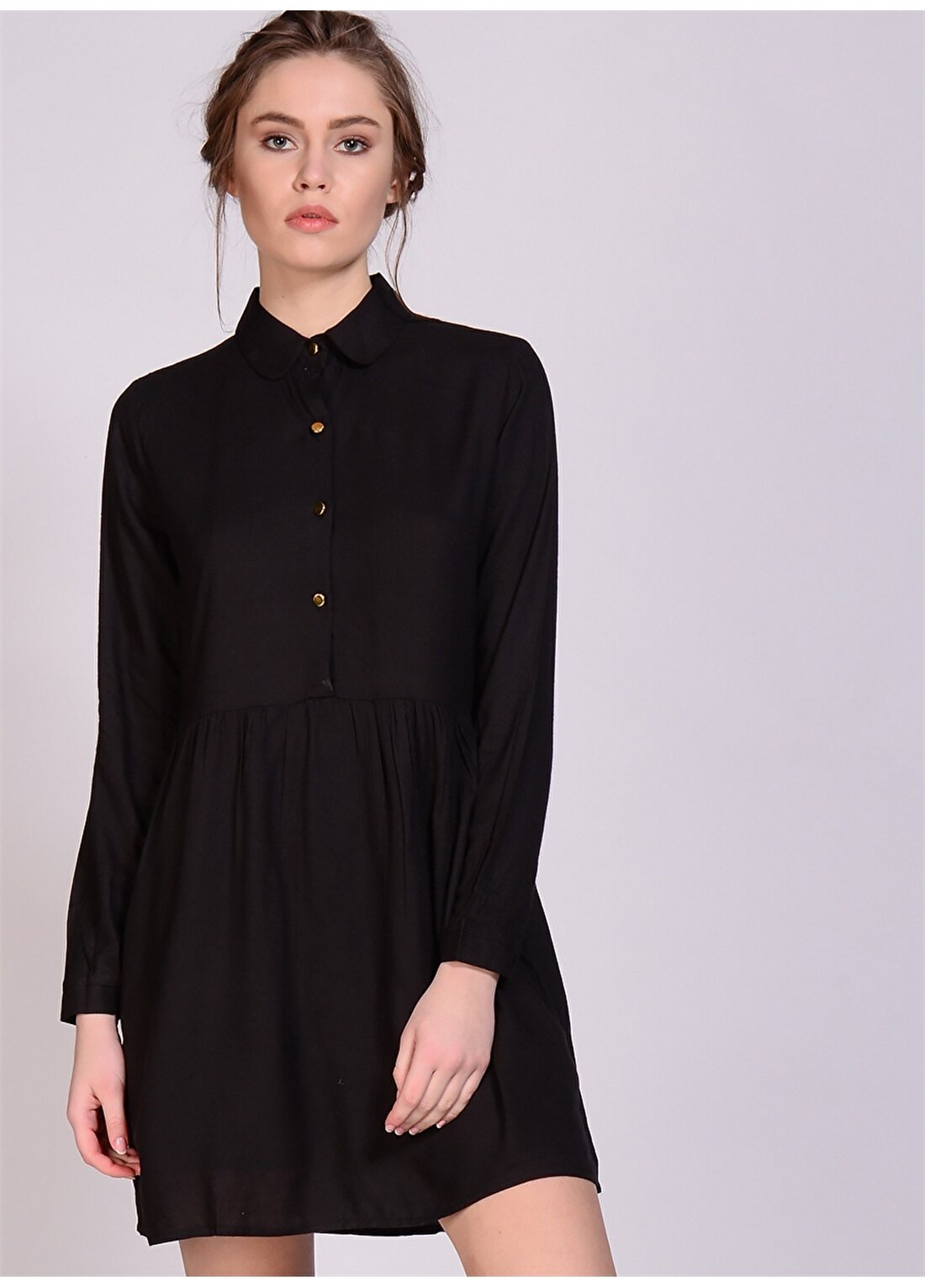 Compania Fantastica Gömlek Yaka Uzun Kol Düğmeli Siyah Kadın Elbise