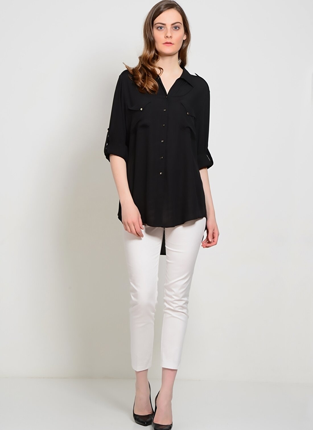 Ekol Bb Gömlek Yaka Katlanabilir Kol Düğmeli 2 Cepli Siyah Kadın Bluz