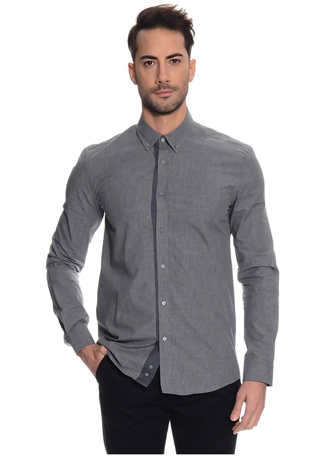 Penford Düğmeli Yaka Uzun Kol Pamuklu Düz Gri Erkek Gömlek