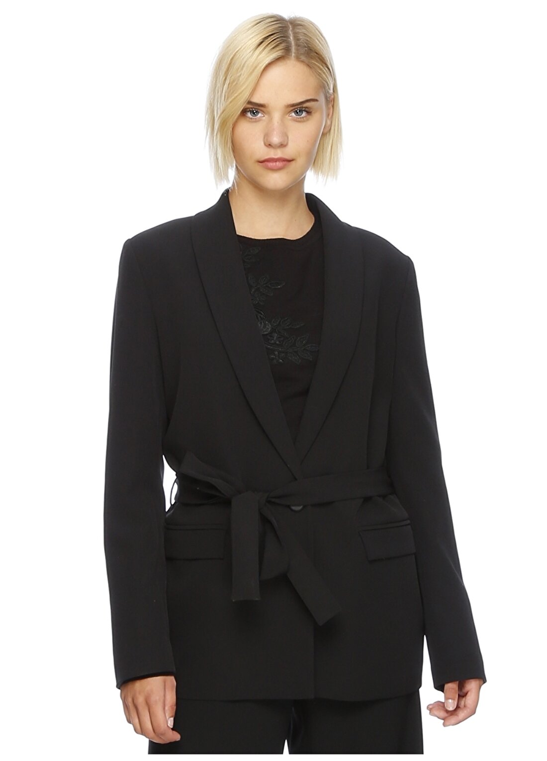 House Of Camellia Ckt01002 Siyah Kadın Belden Bağcıklı Ceket
