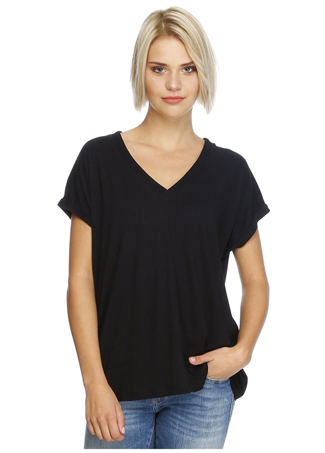 Mavi V Yaka Düz Siyah Kadın T-Shirt 166449-900