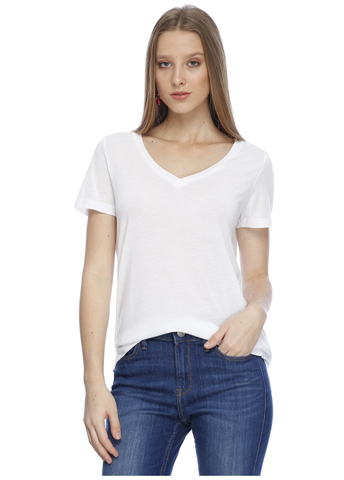 Vero Moda V Yaka Basic Beyaz T-Shirt