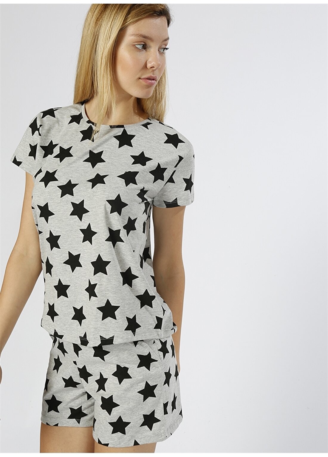 T-Box Yıldız Desenli Gri 2'Li Pijama Takımı