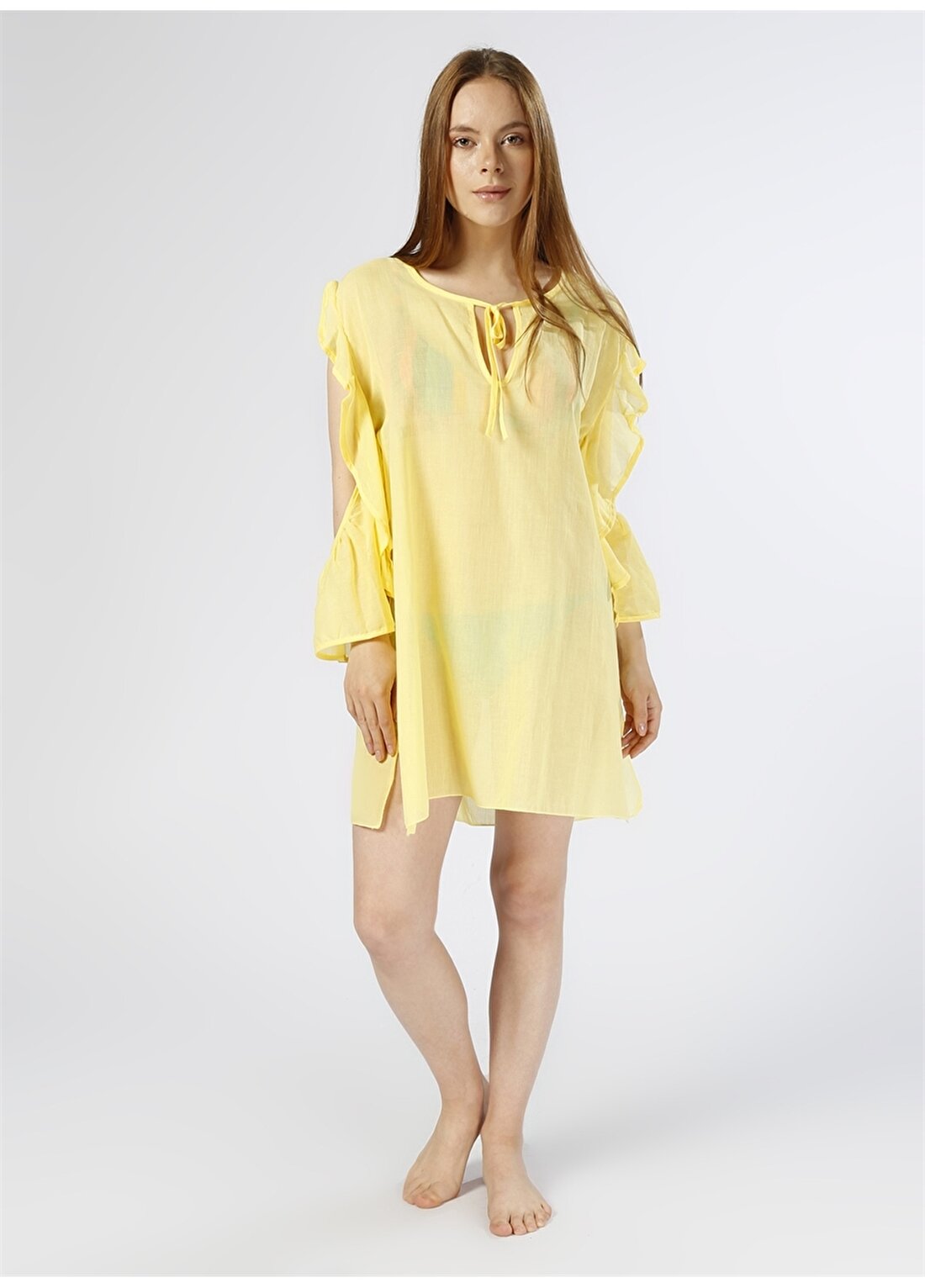 Limon Kol Detaylı V Yaka Sarı Kadın Plaj Elbisesi