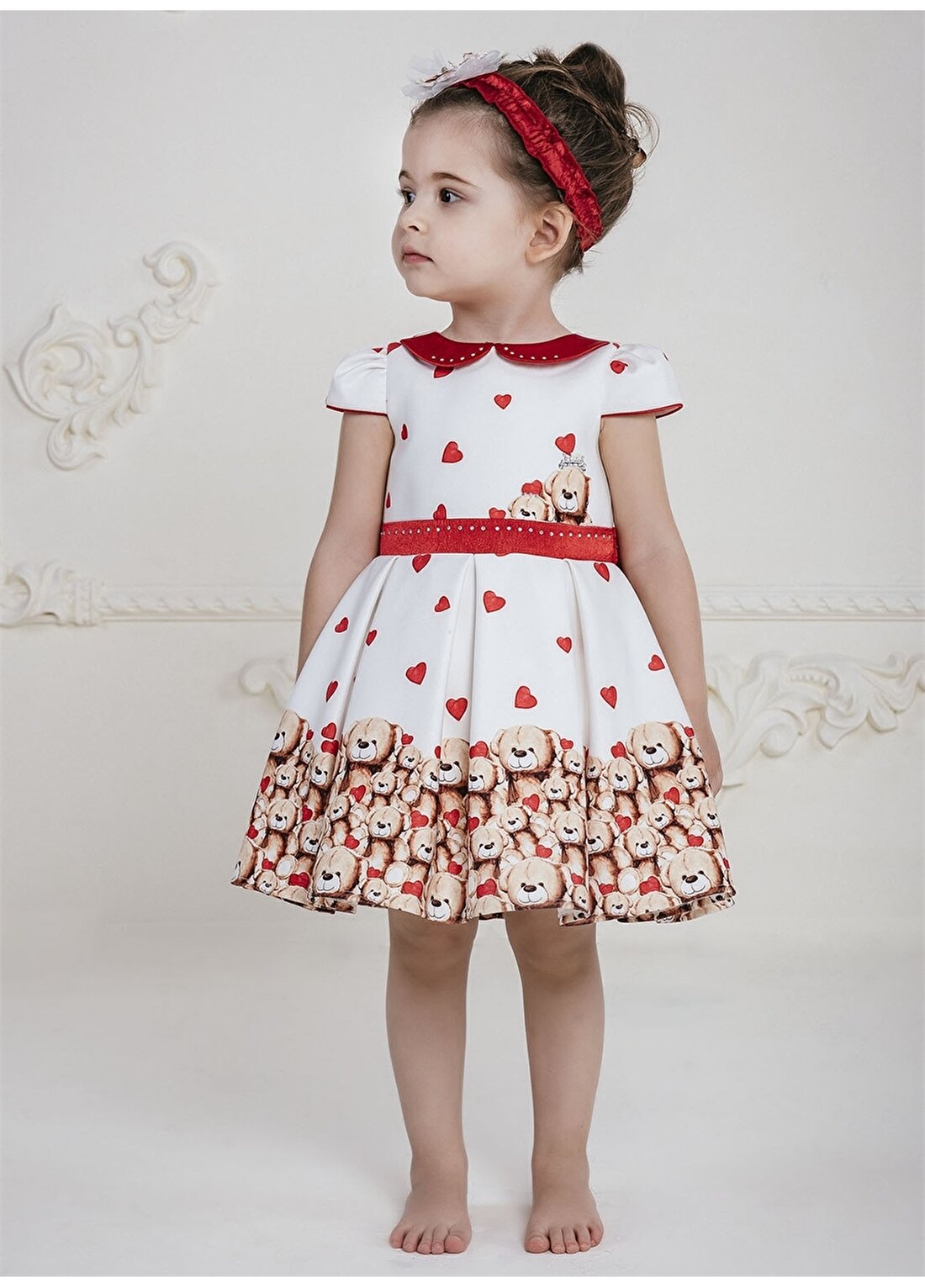 Pamina Ayıcıklı Kalpli Desen Kısa Kol Kırmızı Kız Çocuk Elbise