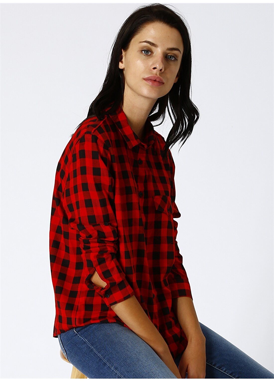 T-Box Kadın Kareli Kırmızı Gömlek