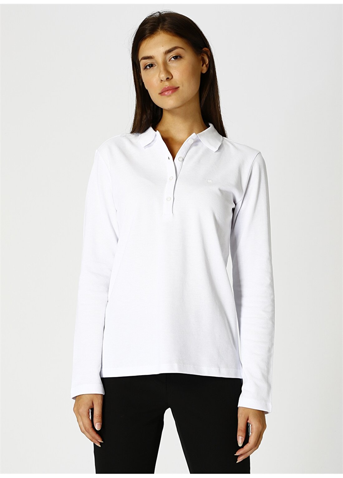 Limon Kadın Polo Yaka Uzun Kollu Beyaz T-Shirt