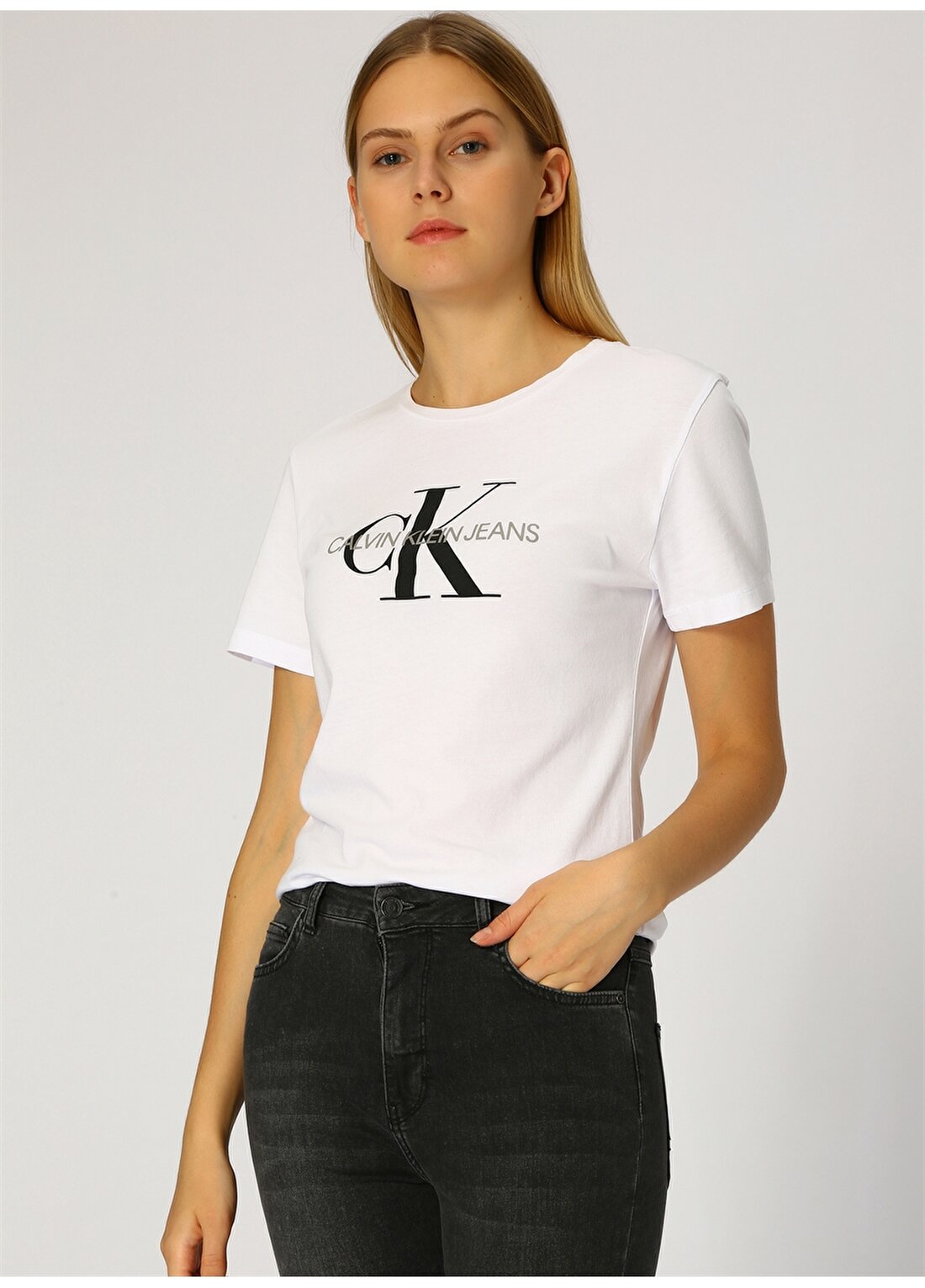 Calvin Klein Jeans Beyaz Kadın T-Shirt CORE MONOGRAM LOGO TEE