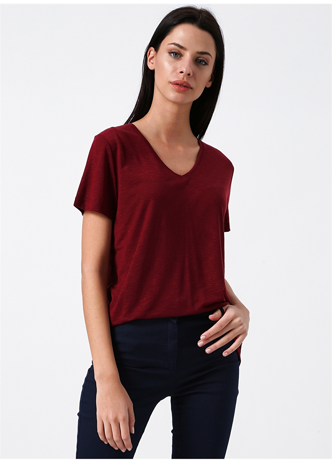 Limon Kadın Kısa Kollu V Yaka Basic Bordo T-Shirt