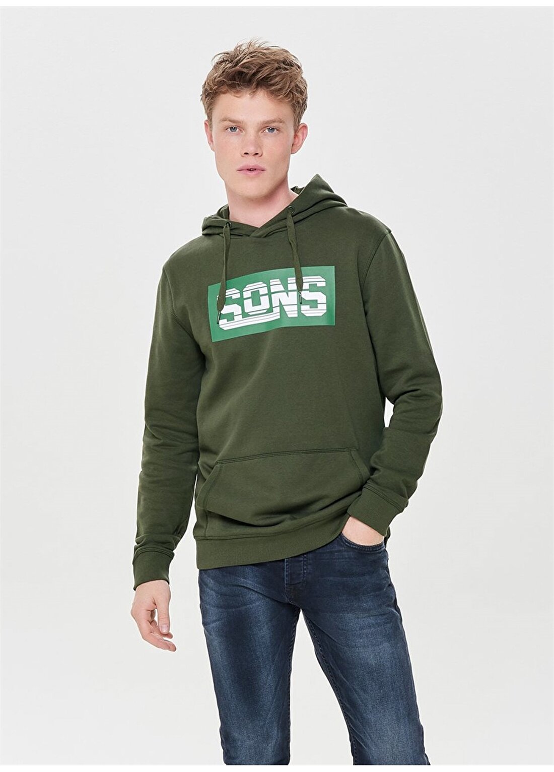 Only & Sons Kapüşonlu Baskılı Haki Erkek Sweatshirt