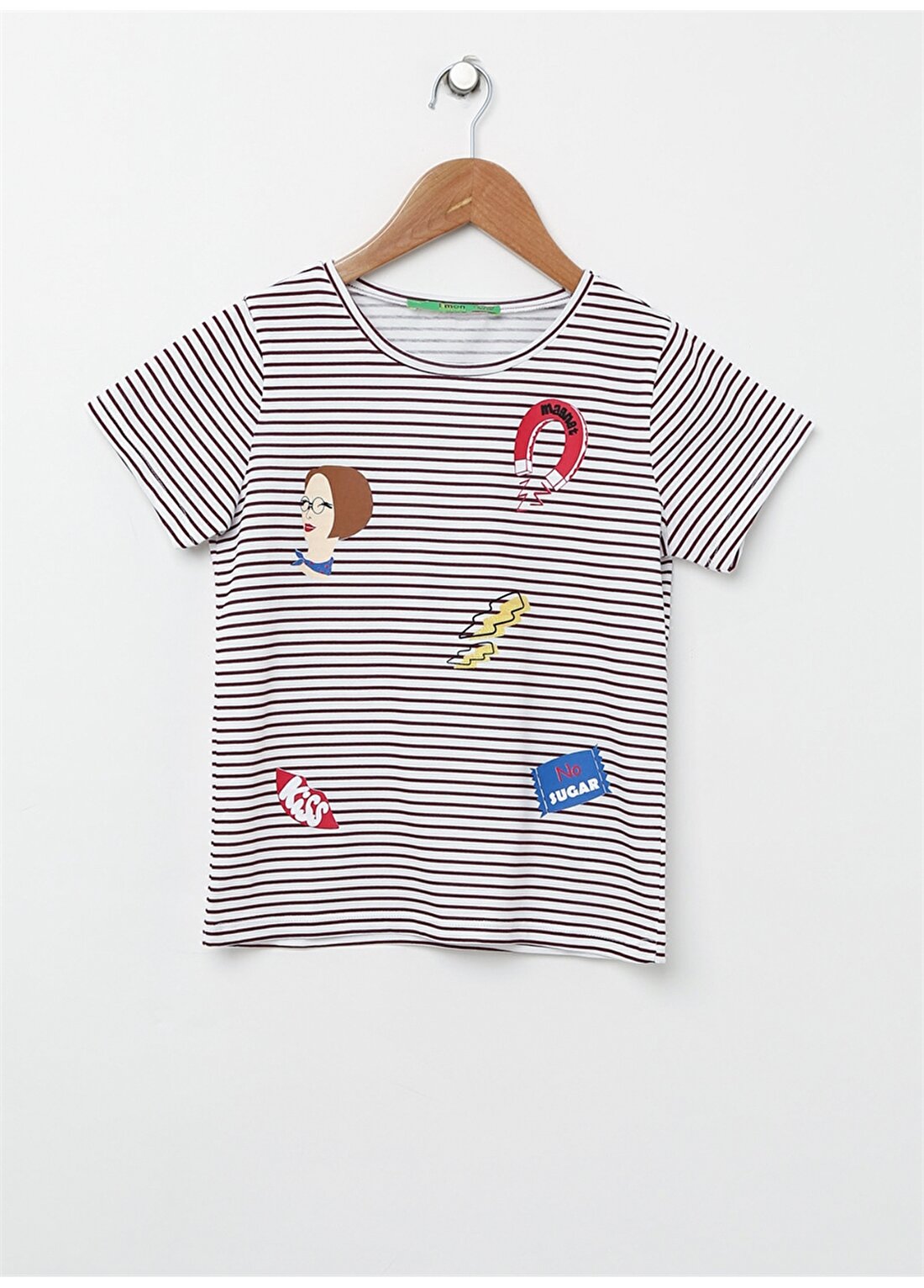 Limon Ekru Çizgi Desenli Kız Çocuk T-Shirt