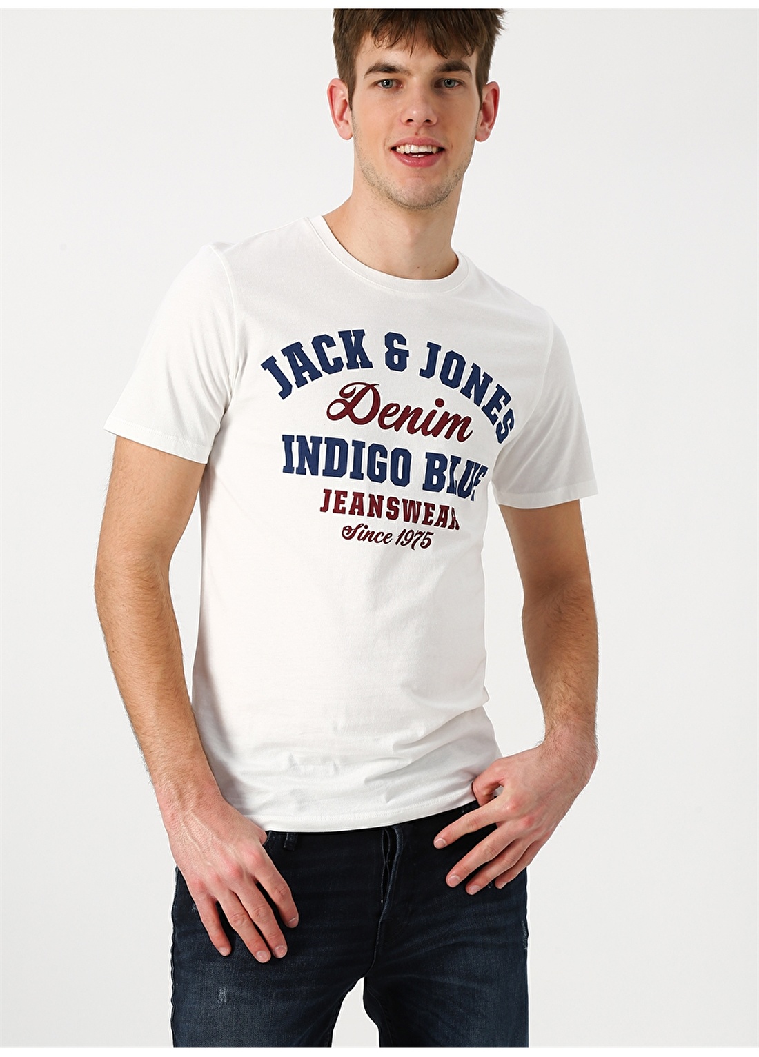 Jack & Jones 12147765 Logo Bisiklet Yaka Baskılı Erkek Beyaz Tişört