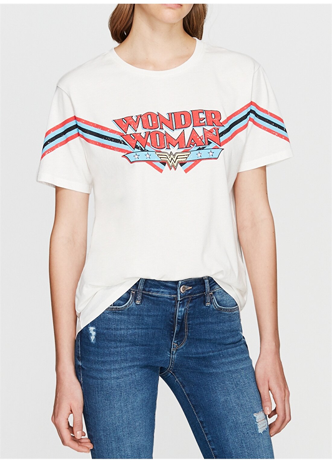 Mavi Wonder Woman Baskılı Kırık Beyaz T-Shirt