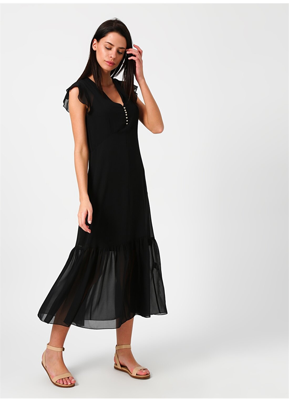Beymen Studio Fırfırlı Tül Siyah Midi Elbise