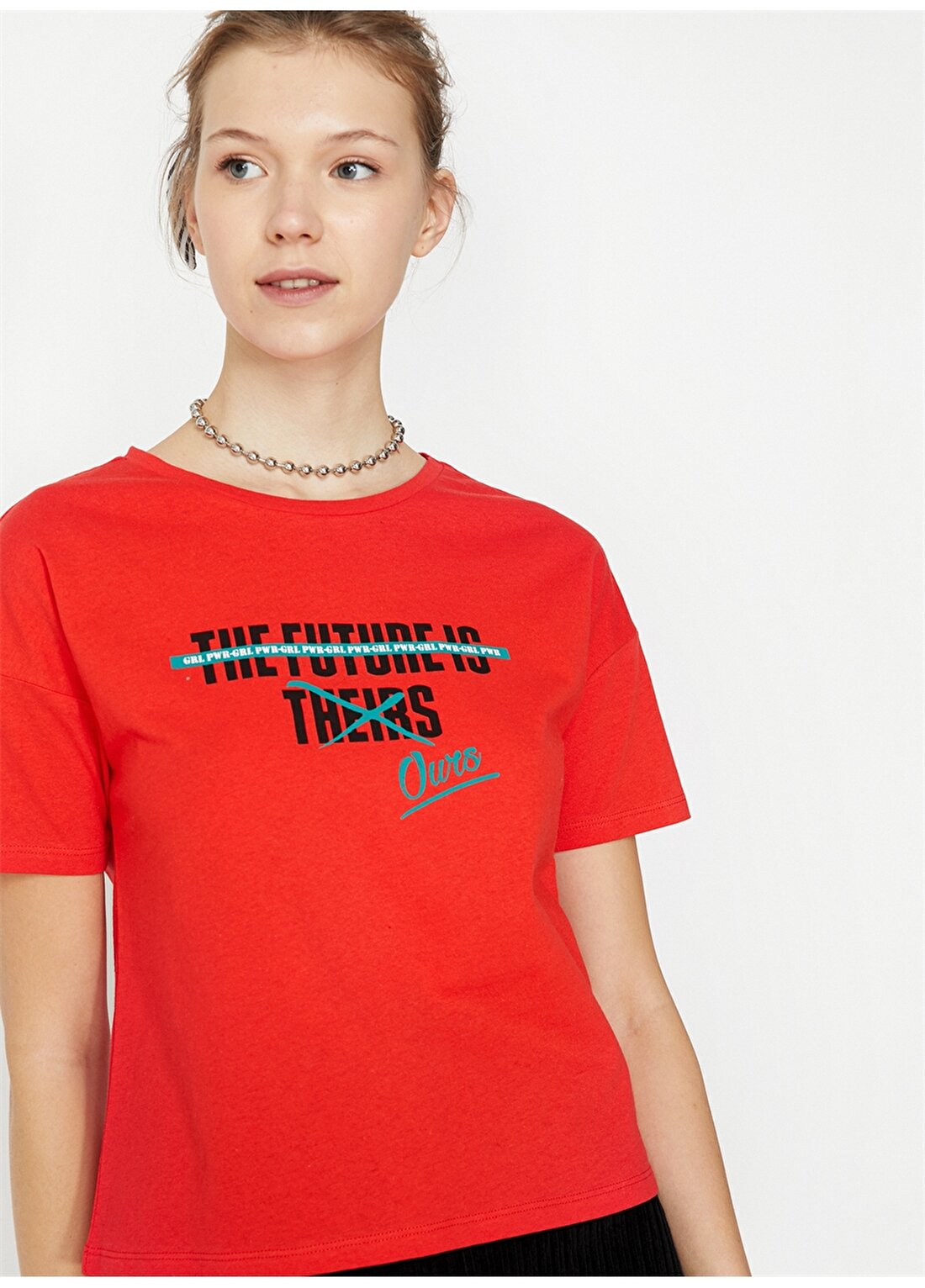 Koton Yazı Baskılı Bisiklet Yaka Kırmızı Kadın T-Shirt