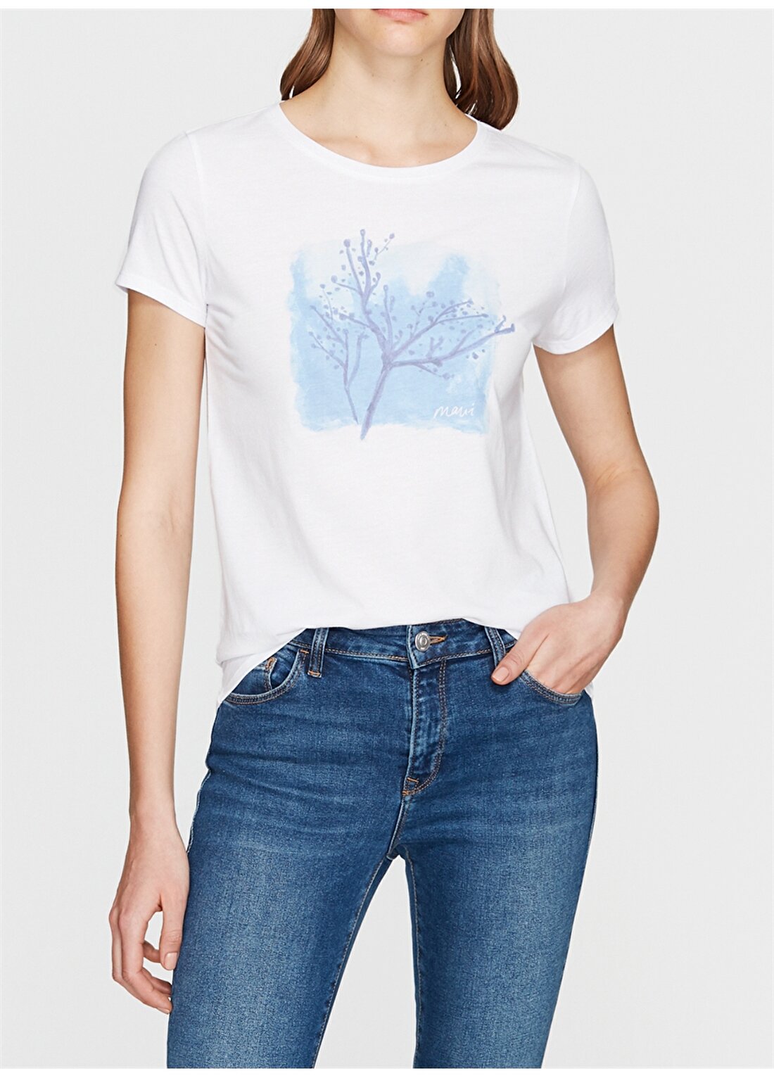 Mavi Ağaç Baskılı Penye Beyaz T-Shirt