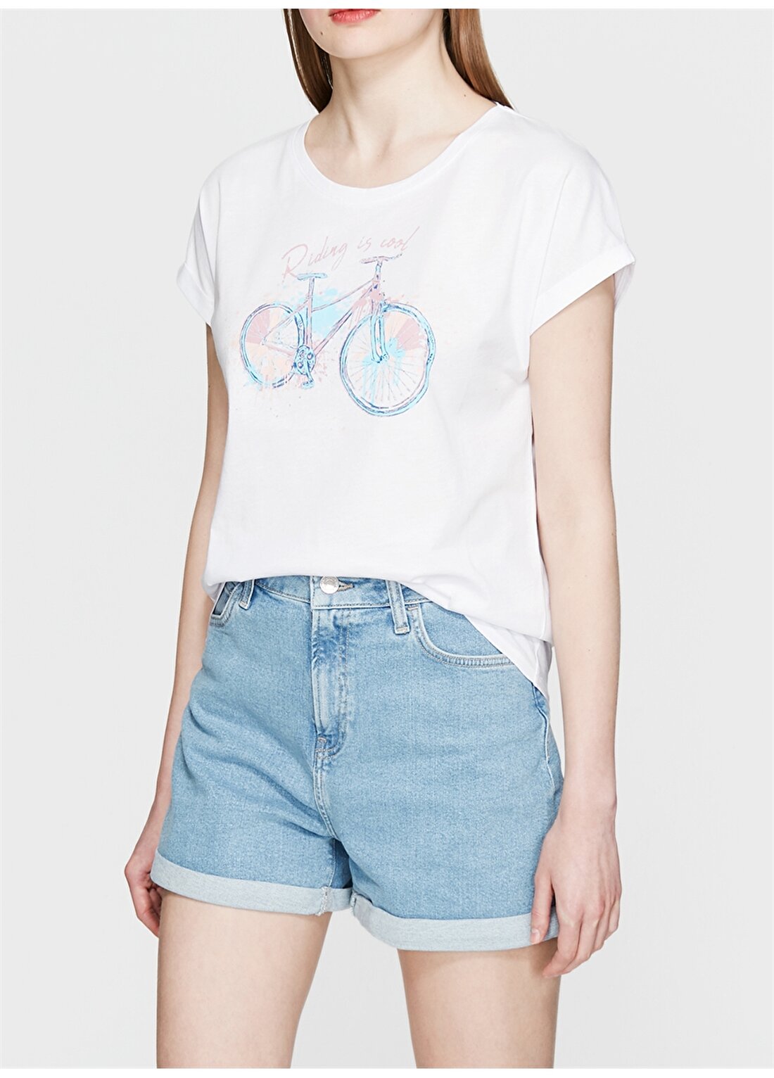 Mavi Bisiklet Baskılı Beyaz T-Shirt