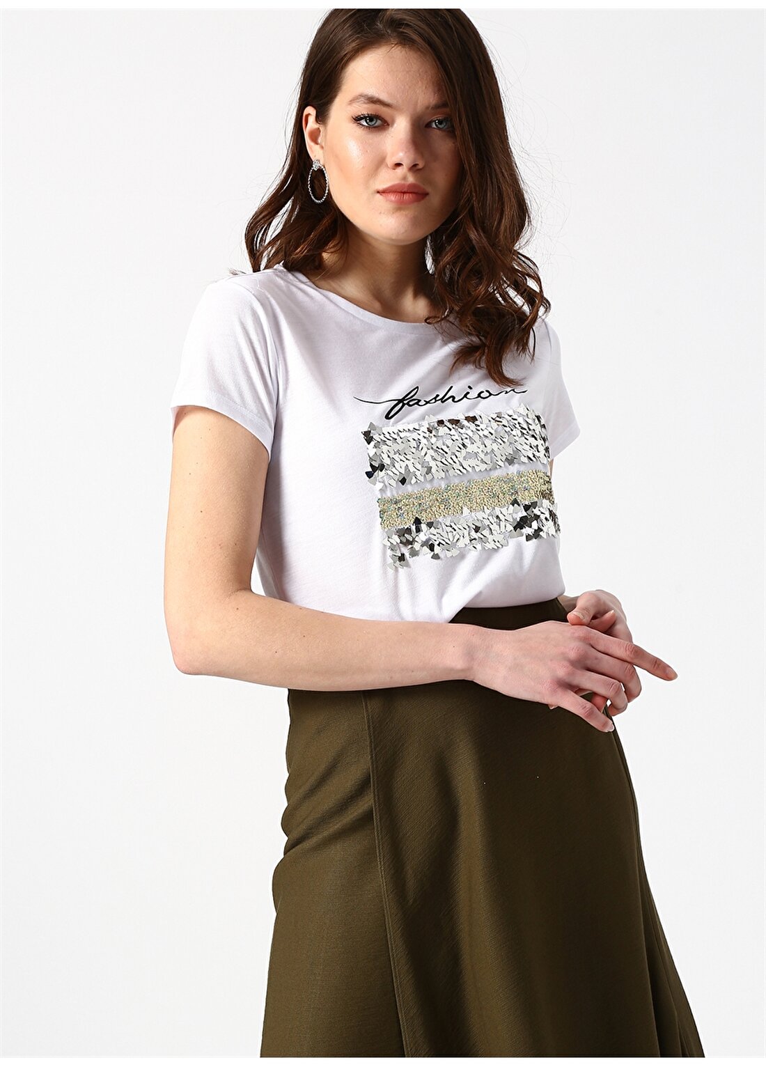 Koton Payet Detaylı Ekru Kadın T-Shirt