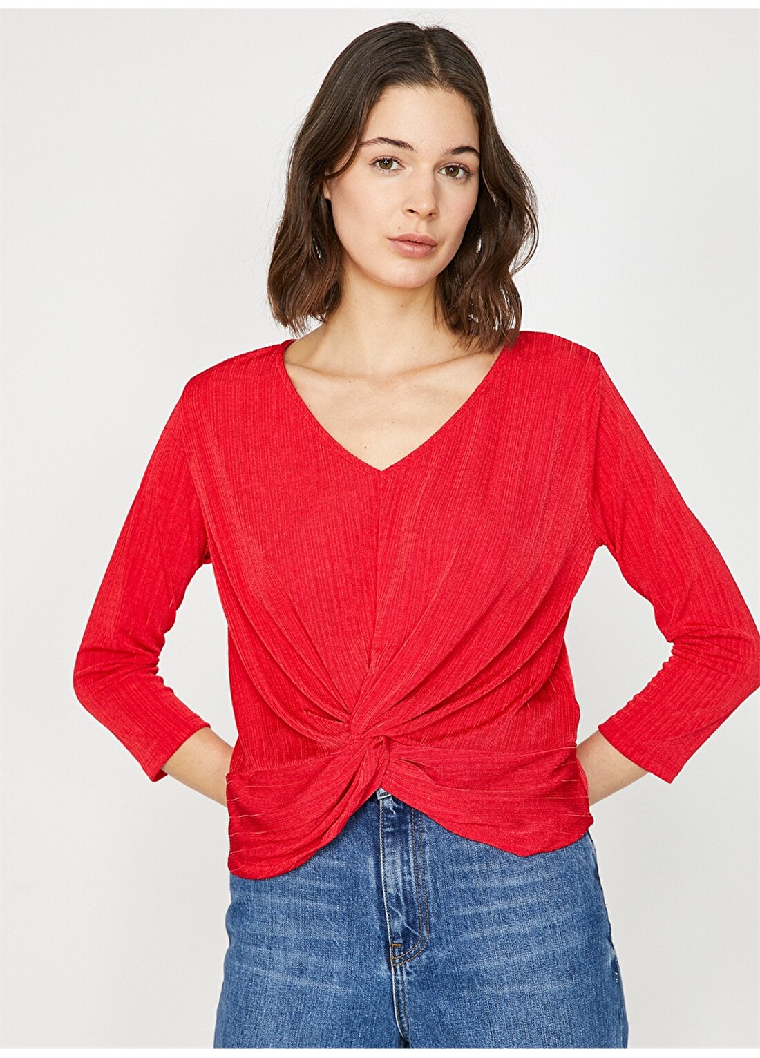 Koton V Yaka Detaylı Kırmızı Kadın T-Shirt