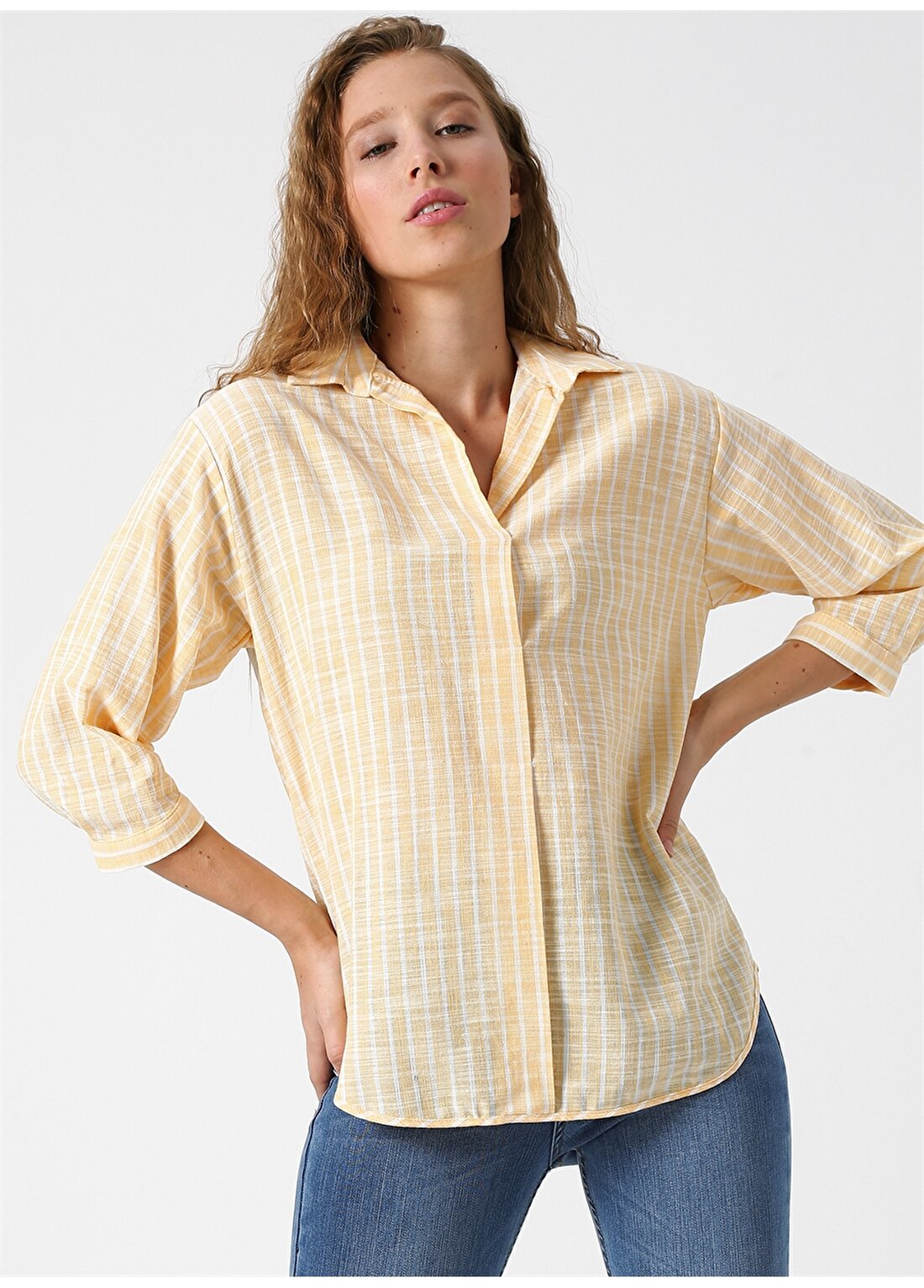 Koton Gömlek Yaka Truvakar Kollu Çizgili Sarı Kadın Bluz