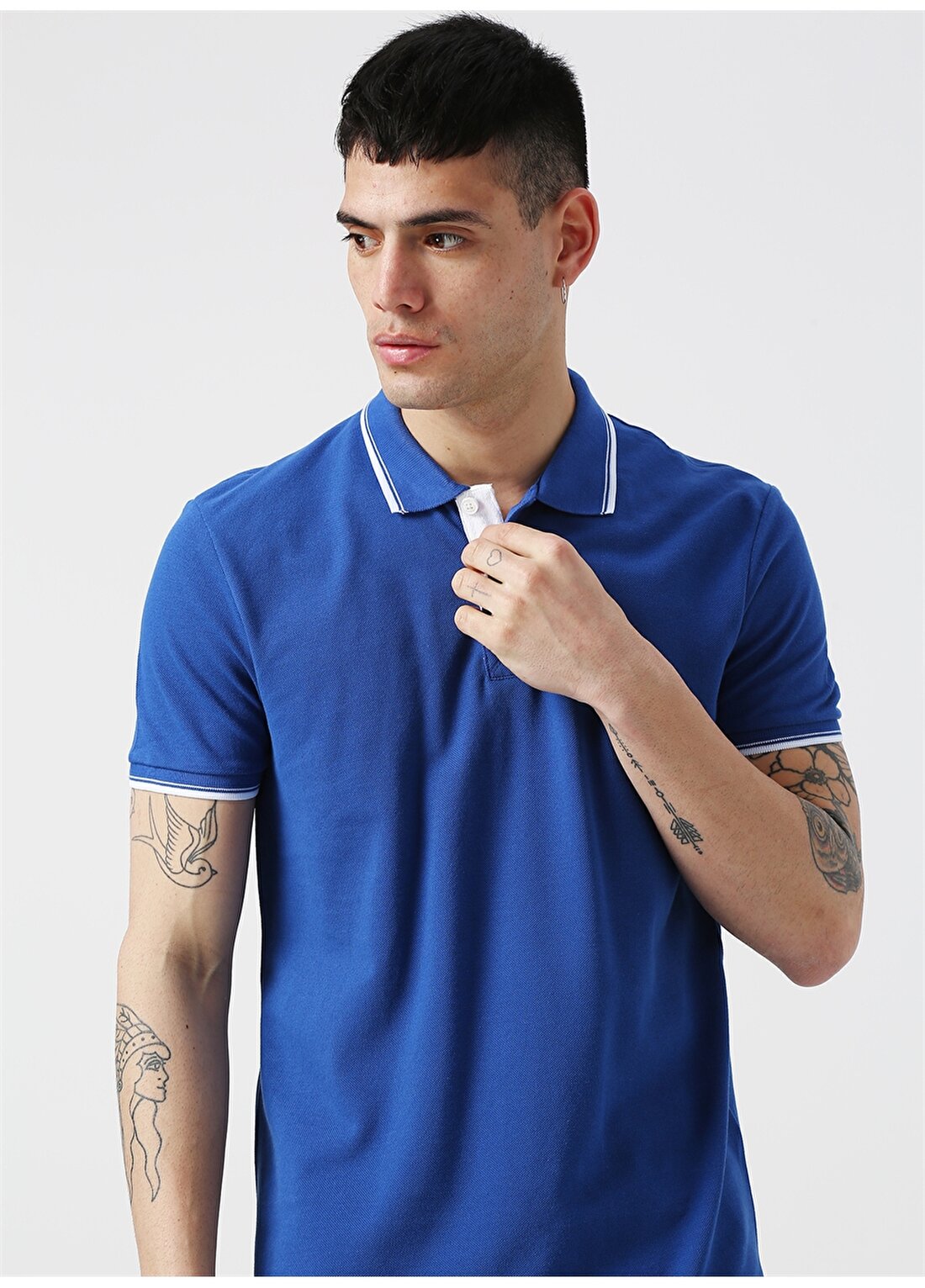 Mavi Nakışlı Saks Polo T-Shirt