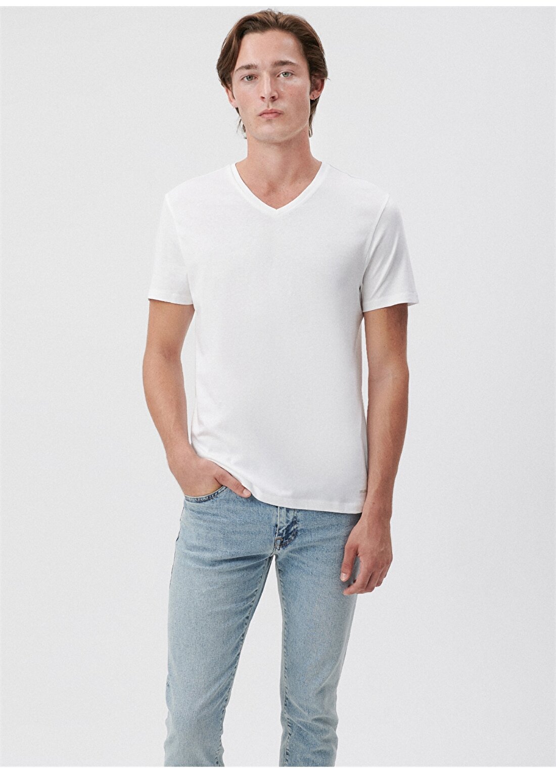 Mavi V Yaka Düz Beyaz Erkek T-Shirt 065586-620 V YAKA TİŞÖRT Beyaz