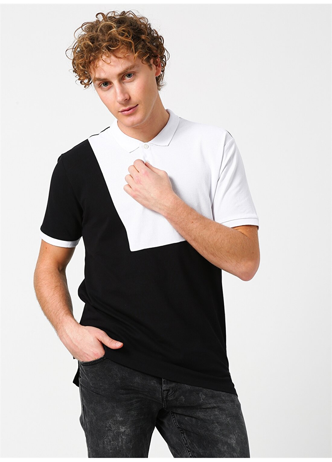 Only & Sons Polo Yaka Renk Bloklu Siyah-Beyaz T-Shirt