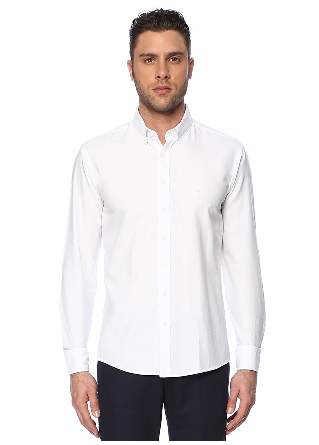 Network Gömlek Yaka Uzum Kollu Slim Fit Pamuk Beyaz Erkek Takım Elbise