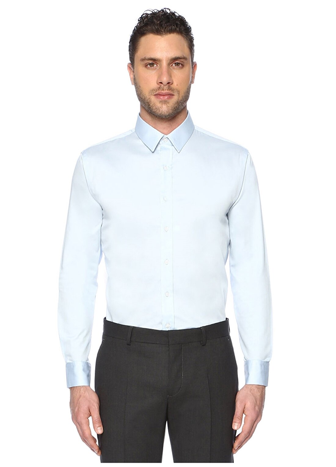 Network Gömlek Yaka Uzum Kollu Slim Fit Pamuk Lyosel Açık Mavi Erkek Takım Elbise