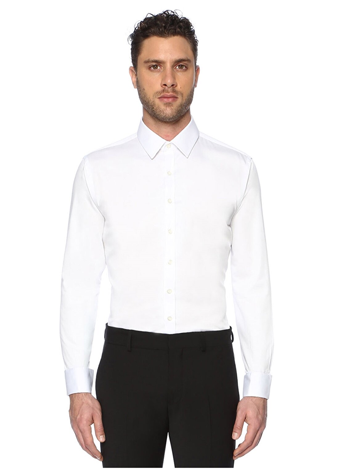 Network Gömlek Yaka Uzum Kollu Slim Fit Pamuk Lyosel Beyaz Erkek Takım Elbise