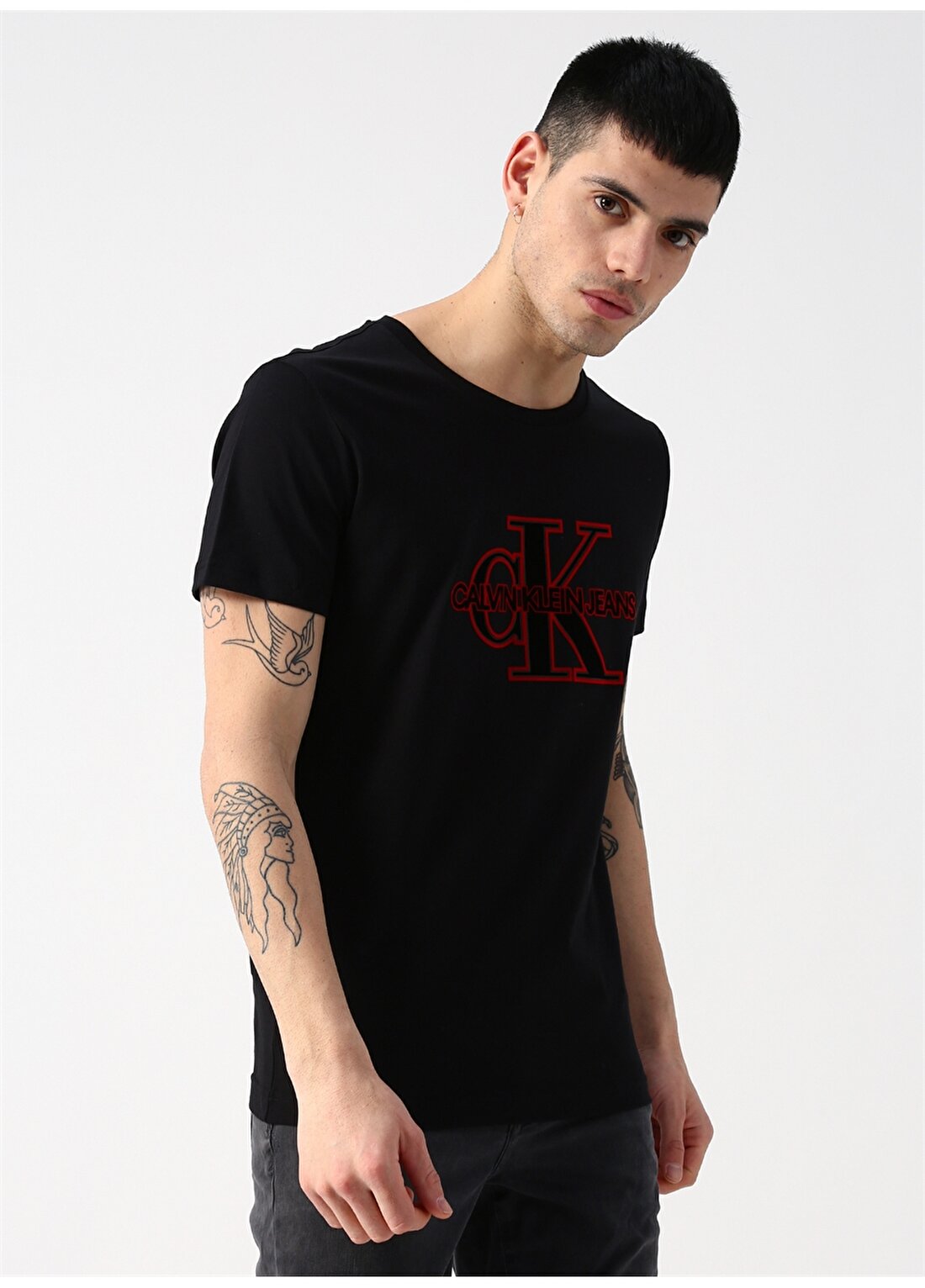 Calvin Klein Jeans Erkek Siyah T-Shirt CK MONOGRAM FRONT LOGO SLIM SS-CK B