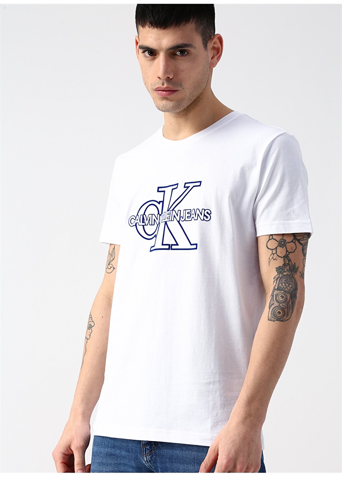 Calvin Klein Jeans Erkek Beyaz T-Shirt CK MONOGRAM FRONT LOGO SLIM SS-Brig