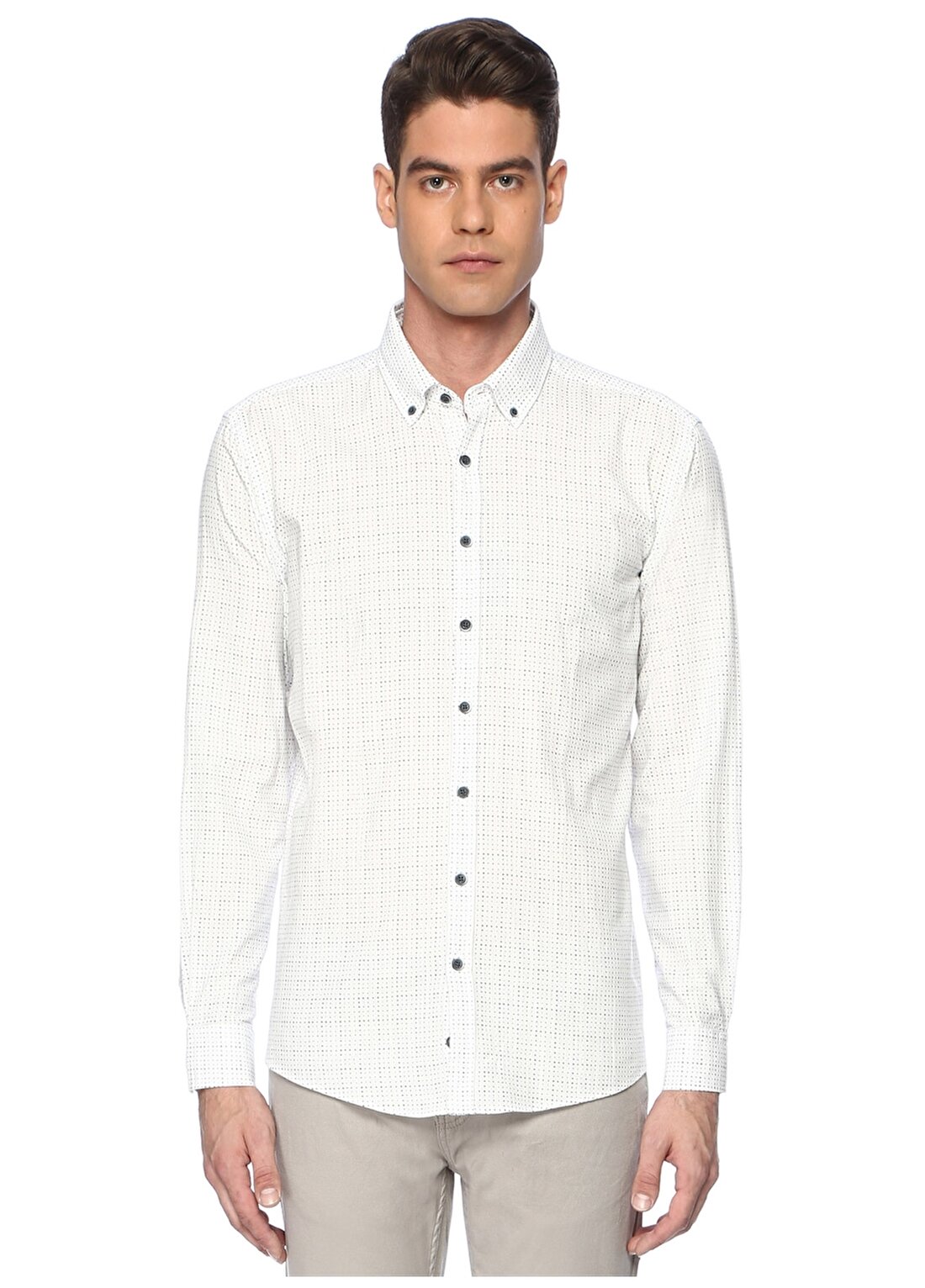 George Hogg Uzun Kol Gömlek Yaka Düğmeli Kare Desenli Slim Fit Beyaz Erkek Gömlek