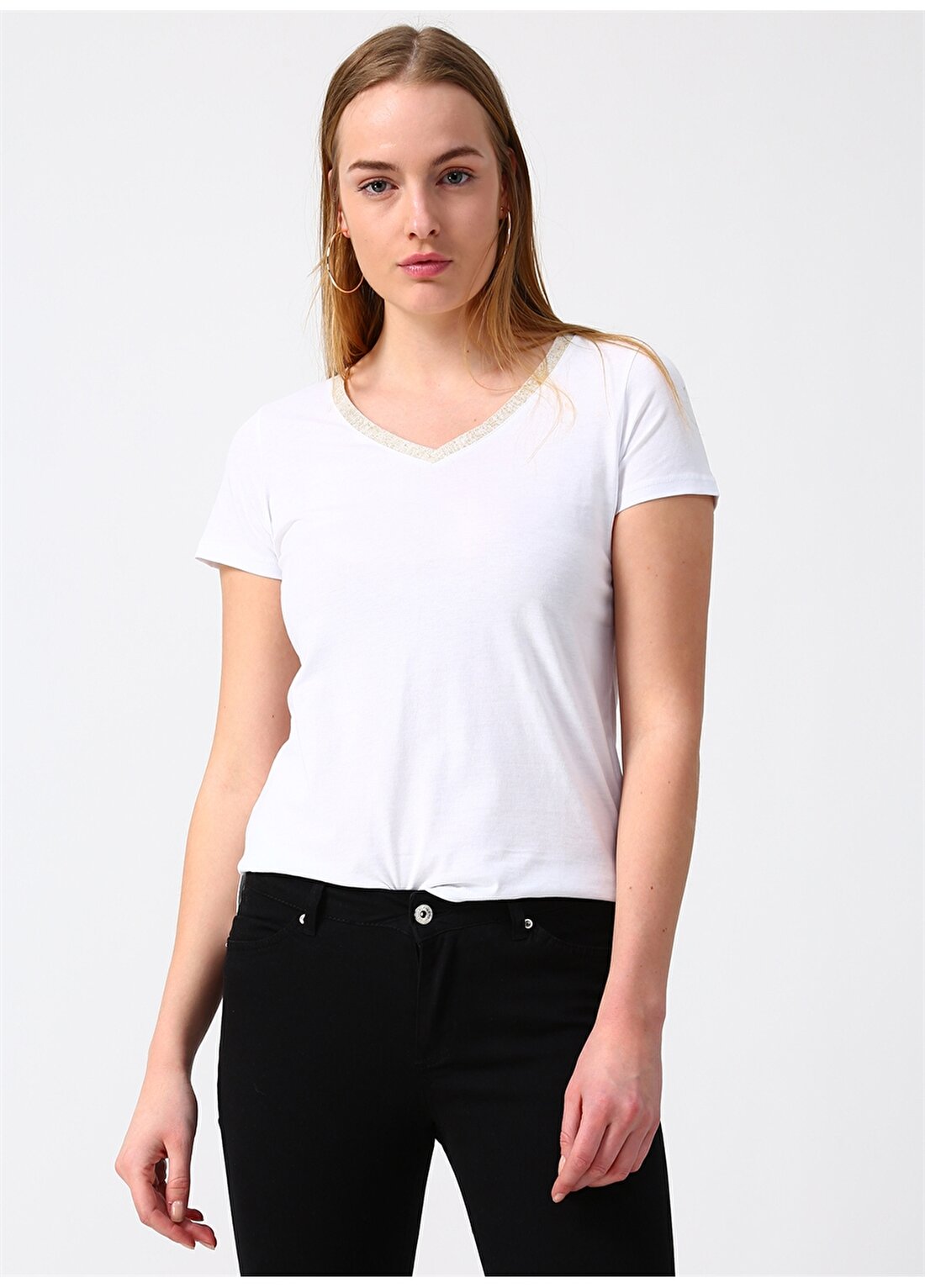 Fashion Friends 9Y1360B1 Beyaz V Yaka Kadın T-Shirt