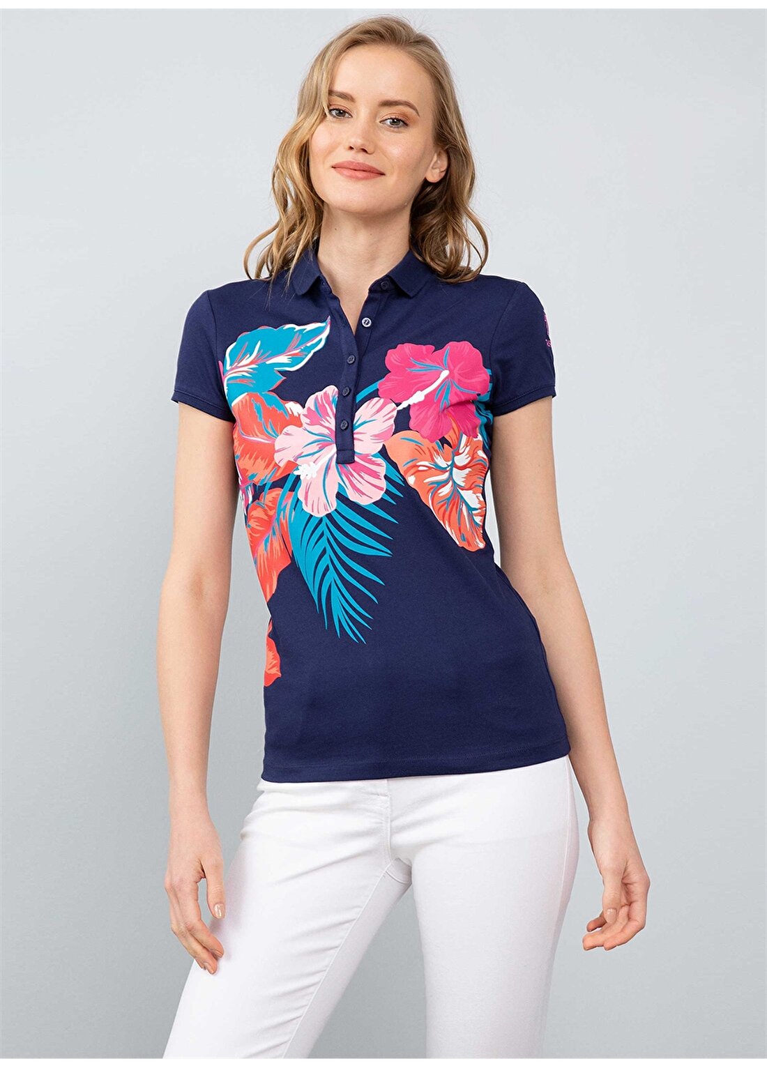 U.S. Polo Assn. Çiçek Baskılı Lacivert Slim Fit T-Shirt