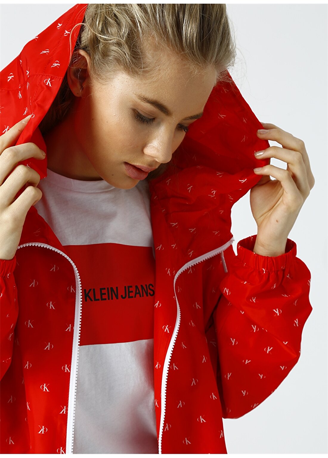 Calvin Klein Jeans Kırmızı Kadın Yağmurluk MONOGRAM AOP WINDB