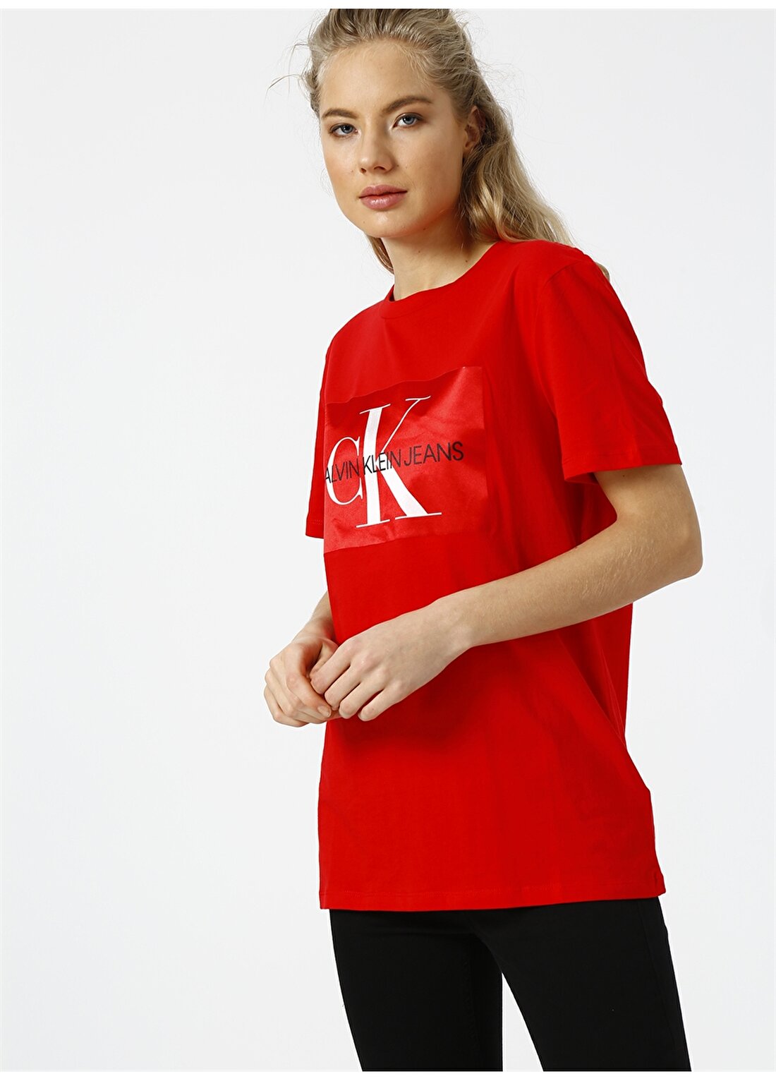 Calvin Klein Jeans Kırmızı Kadın T-Shirt MONOGRAM BOX LOGO
