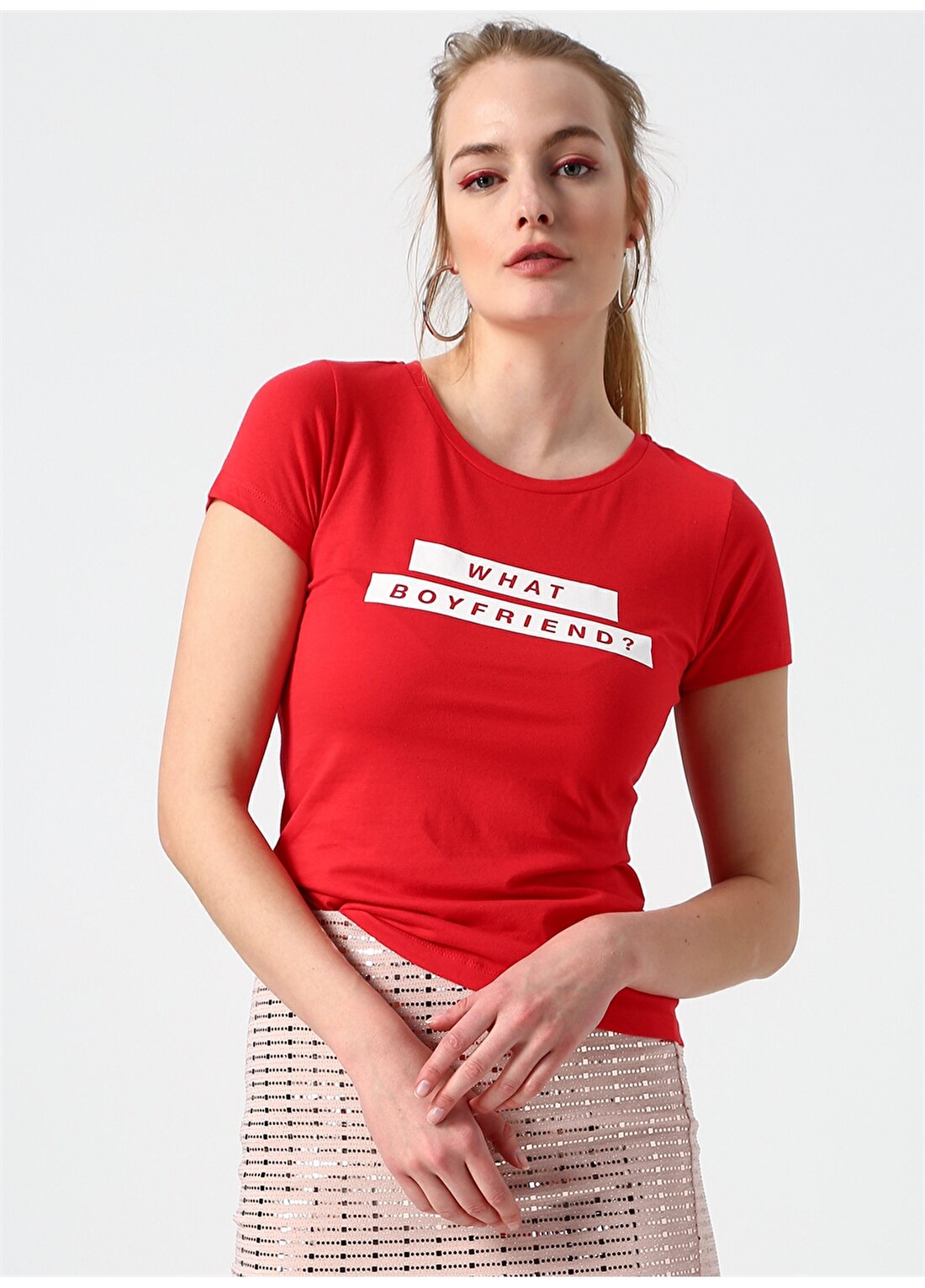 Only 15173708 Kırmızı Kadın Bisiklet Yaka T-Shirt