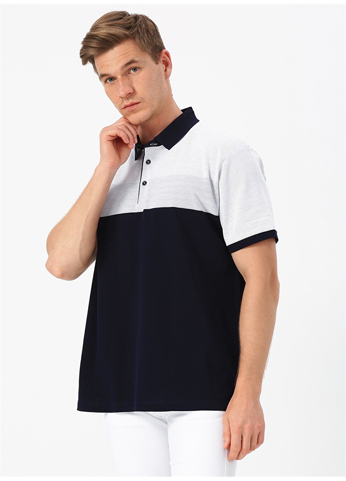 Cotton Bar Beyaz - Mavi Polo T-Shirt