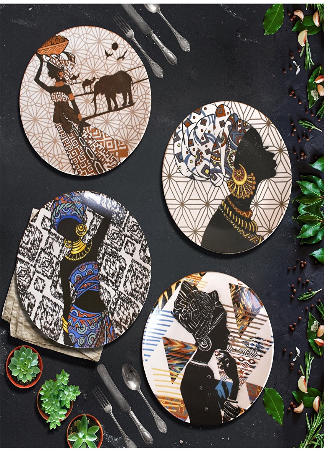 Keramika Afrikalı Kadınlar Servis Tabağı 25 Cm 4 Adet - 18106-07-11-14